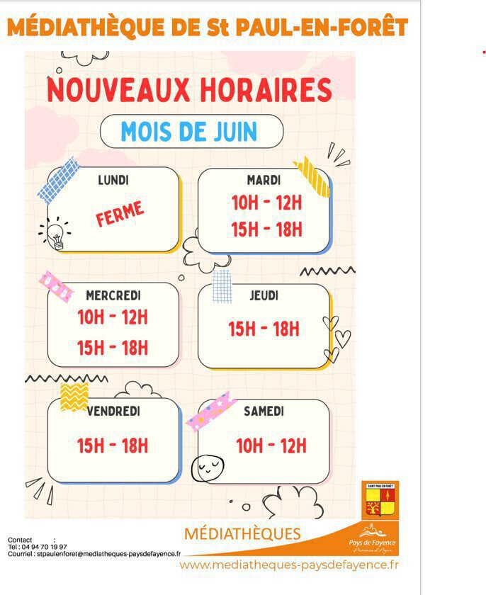 Horaire de la médiathèque Juin 2023