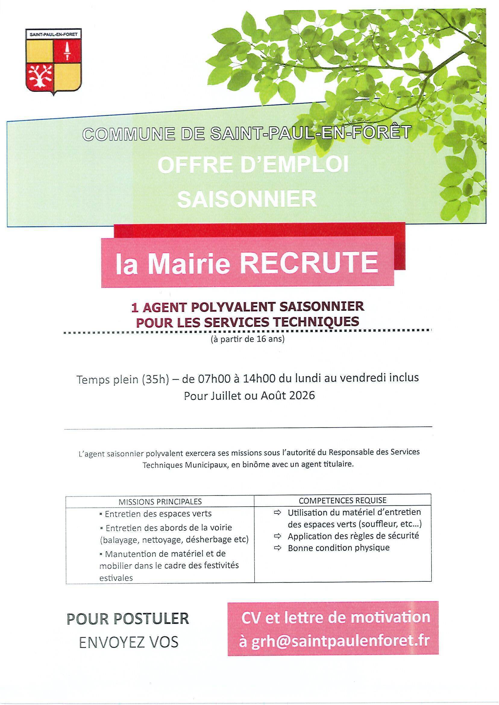 Recrutement saisonnier services techniques
