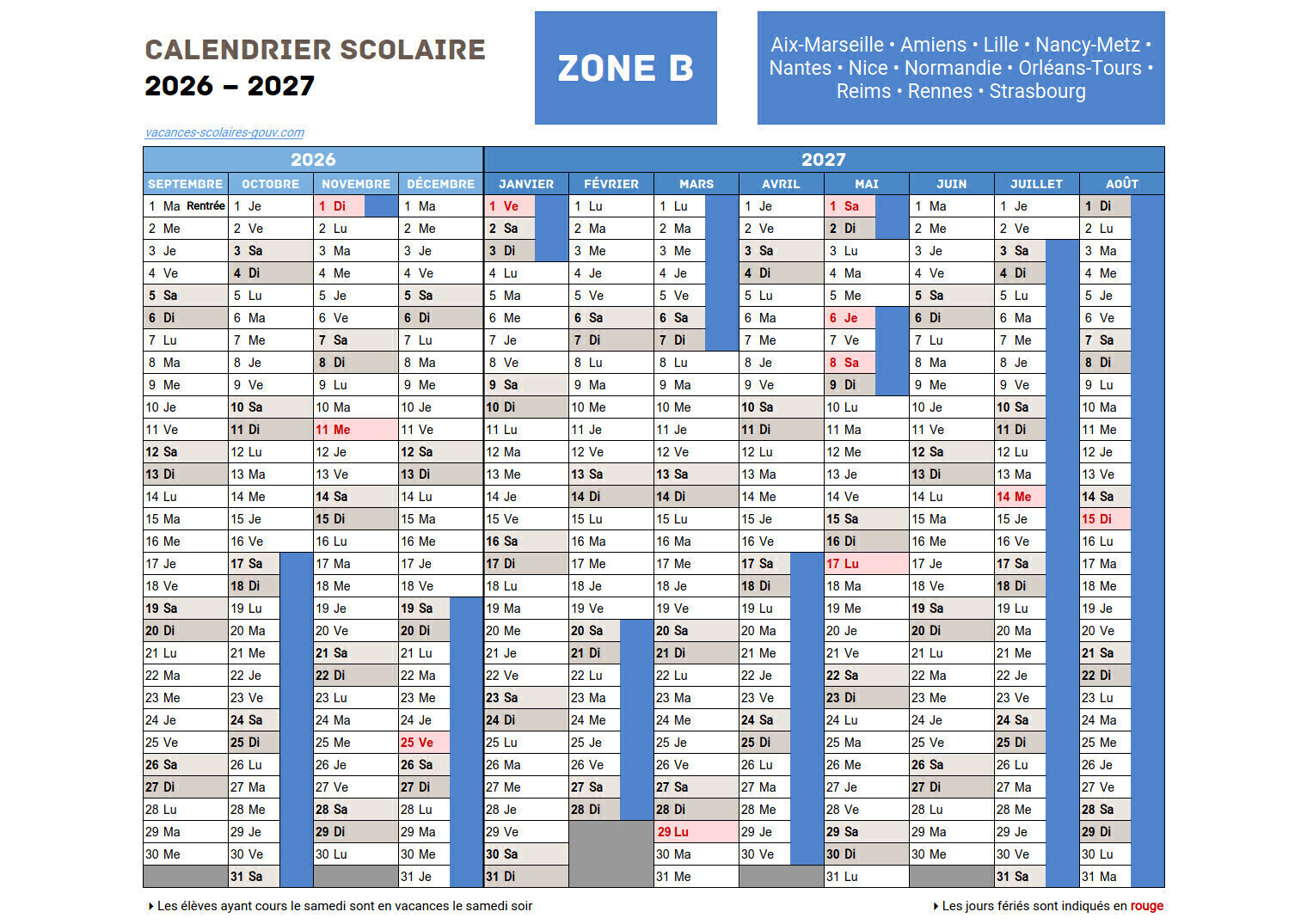Vacances scolaires 2026/2027